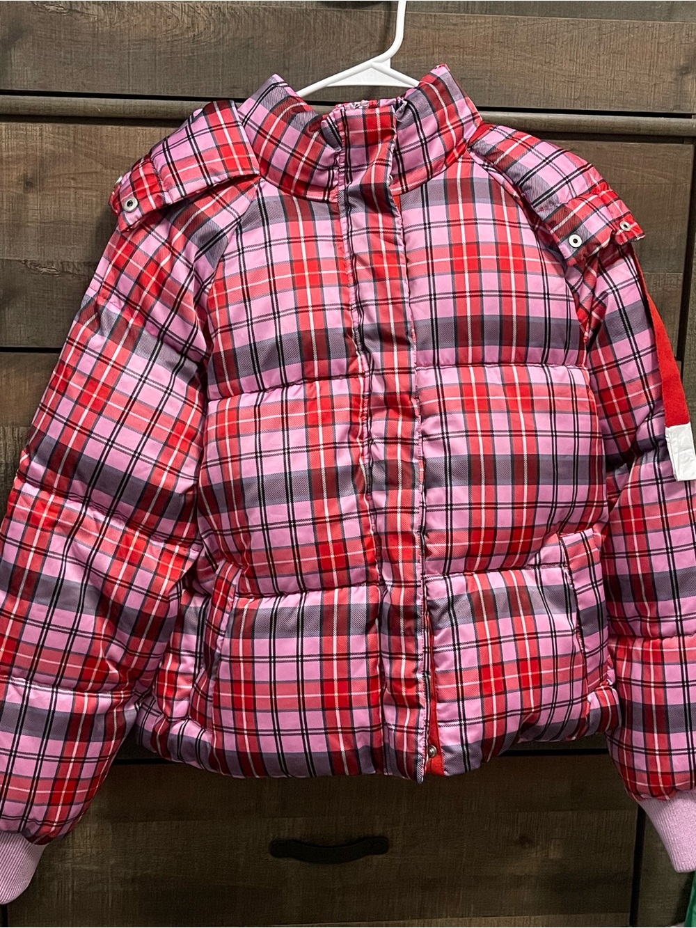 PINK Victoria's Secret Pink & Red Plaid Puffer Coat